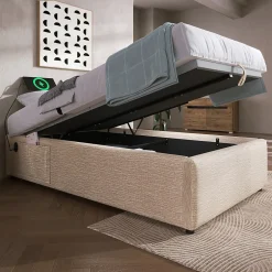 Okwish Lit Coffre Simple 90x190 cm avec Rangement Intégré et Port USB-C, Cadre Métal et Lin Naturel, Sans Matelas