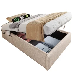 Okwish Lit Coffre Simple 90x190 cm avec Rangement Intégré et Port USB-C, Cadre Métal et Lin Naturel, Sans Matelas