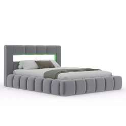 Concept Usine Lit coffre style nuage LED 160x200cm velours gris avec tête de lit et sommier - OMAHA