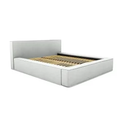 Meublorama Lit coffre VELORA Blanc bouclé 180x200 cm Tissu effet laine Sommier relevable Rangement intégré Discount