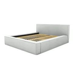 Meublorama Lit coffre VELORA Blanc bouclé 180x200 cm Tissu effet laine Sommier relevable Rangement intégré Discount