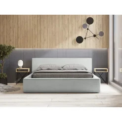 Meublorama Lit coffre VELORA Blanc bouclé 180x200 cm Tissu effet laine Sommier relevable Rangement intégré Discount