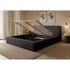 Meublorama Lit coffre VELORA Gris anthracite 160x200 cm Tissu velours doux Sommier relevable Rangement intégré Clearance