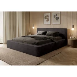 Meublorama Lit coffre VELORA Gris anthracite 160x200 cm Tissu velours doux Sommier relevable Rangement intégré Clearance