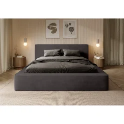 Meublorama Lit coffre VELORA Gris anthracite 160x200 cm Tissu velours doux Sommier relevable Rangement intégré Clearance