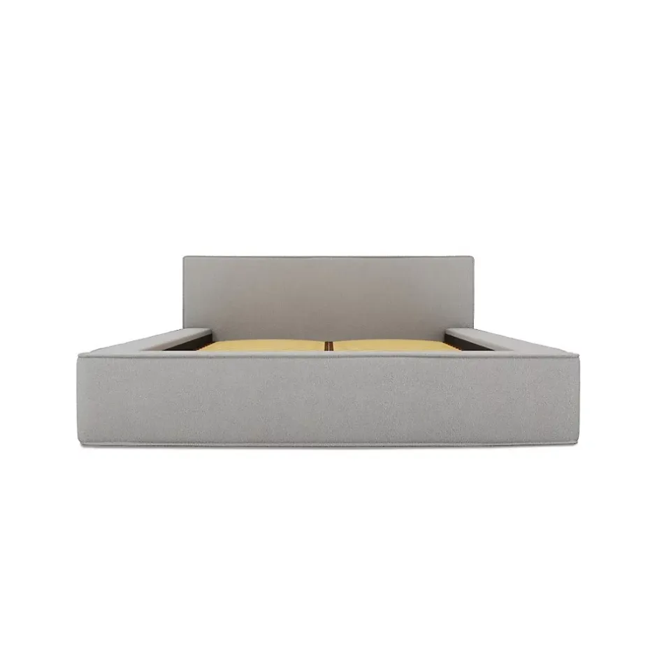 Meublorama Lit coffre VELORA Gris sable bouclé 180x200 cm Tissu velours doux Sommier relevable Rangement intégré Best