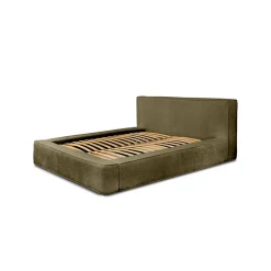 Meublorama Lit coffre VELORA Olive bouclé 160x200 cm Tissu velours doux Sommier relevable Rangement intégré