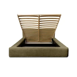 Meublorama Lit coffre VELORA Olive bouclé 160x200 cm Tissu velours doux Sommier relevable Rangement intégré