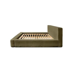 Meublorama Lit coffre VELORA Olive bouclé 160x200 cm Tissu velours doux Sommier relevable Rangement intégré