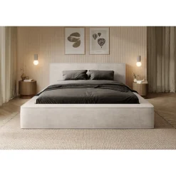 Meublorama Lit coffre VELORA Perle 180x200 cm Tissu velours doux Sommier relevable Rangement intégré
