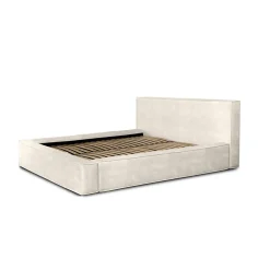 Meublorama Lit coffre VELORA Perle 180x200 cm Tissu velours doux Sommier relevable Rangement intégré