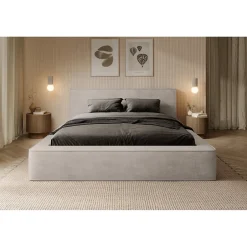 Meublorama Lit coffre VELORA Sable 140x200 cm Tissu velours doux Sommier relevable Rangement intégré