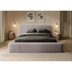 Meublorama Lit coffre VELORA Taupe rosé bouclé 180x200 cm Tissu velours doux Sommier relevable Rangement intégré