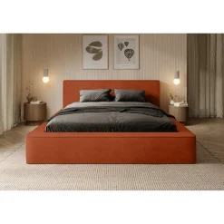 Meublorama Lit coffre VELORA Terracotta 160x200 cm Tissu velours doux Sommier relevable Rangement intégré Best