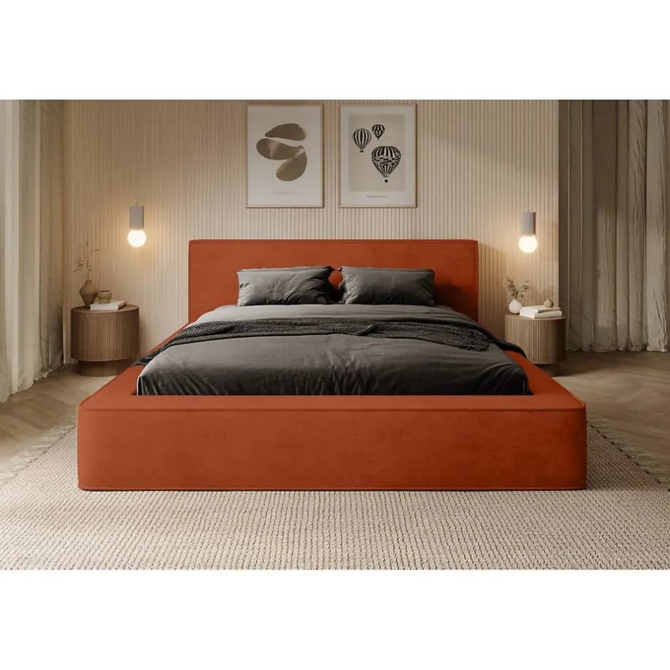 Meublorama Lit coffre VELORA Terracotta 160x200 cm Tissu velours doux Sommier relevable Rangement intégré Best