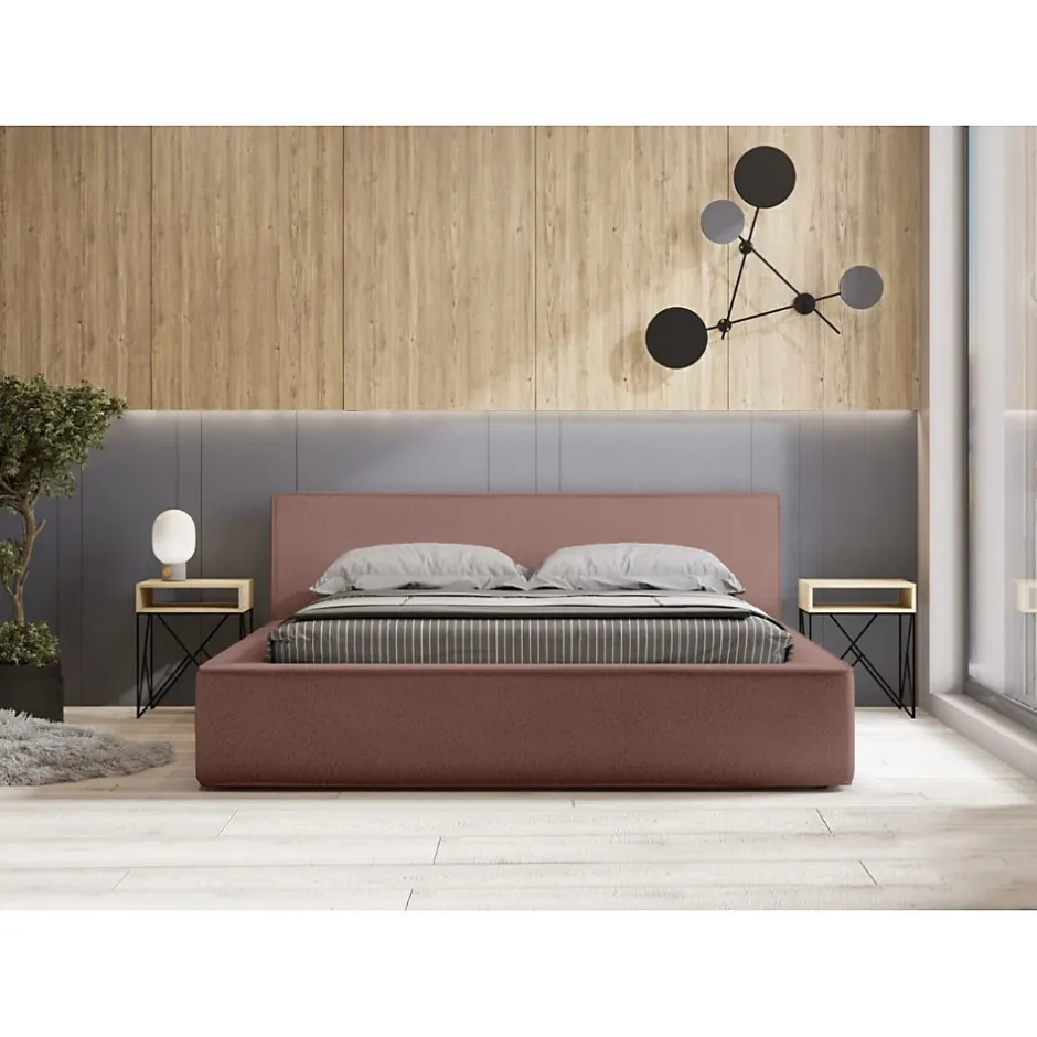 Meublorama Lit coffre VELORA Terre-cuite bouclé 160x200 cm Tissu velours doux Sommier relevable Rangement intégré