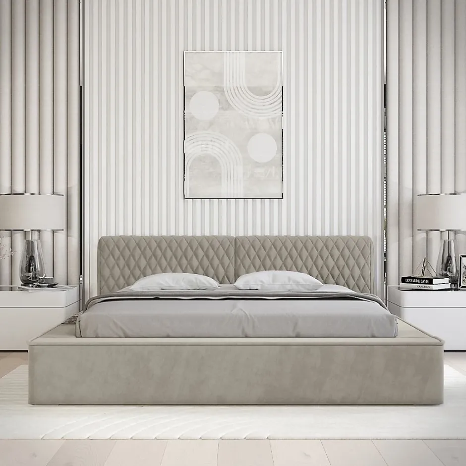 Meublorama Lit coffre VERNON Tissu chenille bouclé Taupe fumé 160x200 cm Sommier relevable Design haut de gamme Hot