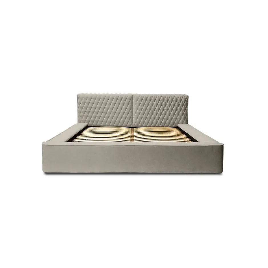 Meublorama Lit coffre VERNON Tissu chenille bouclé Taupe fumé 160x200 cm Sommier relevable Design haut de gamme Hot