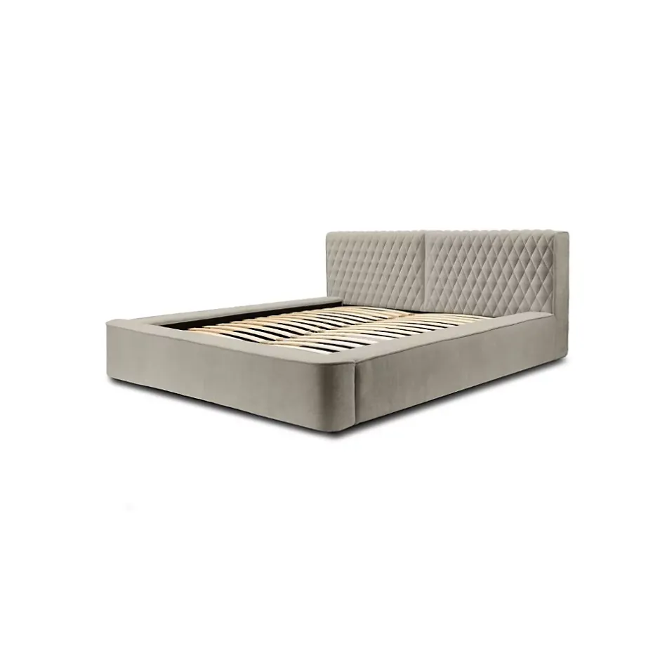 Meublorama Lit coffre VERNON Tissu chenille bouclé Taupe fumé 160x200 cm Sommier relevable Design haut de gamme Hot