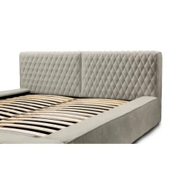 Meublorama Lit coffre VERNON Tissu chenille bouclé Taupe fumé 160x200 cm Sommier relevable Design haut de gamme Hot