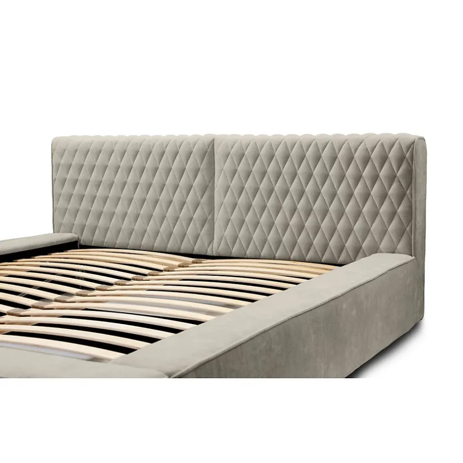 Meublorama Lit coffre VERNON Tissu chenille bouclé Taupe fumé 160x200 cm Sommier relevable Design haut de gamme Hot