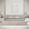 Meublorama Lit coffre VERNON Tissu chenille bouclé Sable rosé 140x200 cm Sommier relevable Design haut de gamme