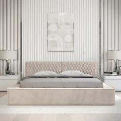 Meublorama Lit coffre VERNON Tissu chenille bouclé Sable rosé 140x200 cm Sommier relevable Design haut de gamme