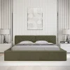 Meublorama Lit coffre VERNON Tissu chenille bouclé Feuille dolivier 140x200 cm Sommier relevable Design haut de gamme
