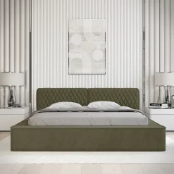 Meublorama Lit coffre VERNON Tissu chenille bouclé Feuille dolivier 140x200 cm Sommier relevable Design haut de gamme
