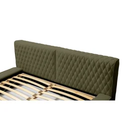 Meublorama Lit coffre VERNON Tissu chenille bouclé Feuille dolivier 140x200 cm Sommier relevable Design haut de gamme