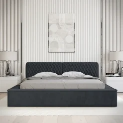 Meublorama Lit coffre VERNON Tissu chenille bouclé Charbon bleu 180x200 cm Sommier relevable Design haut de gamme