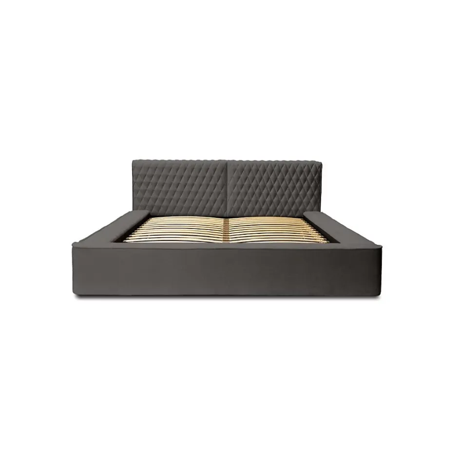 Meublorama Lit coffre VERNON Tissu chenille bouclé Anthracite profond 140x200 cm Sommier relevable Design haut de gamme Hot