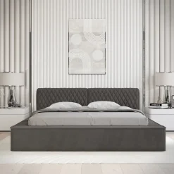 Meublorama Lit coffre VERNON Tissu chenille bouclé Anthracite profond 140x200 cm Sommier relevable Design haut de gamme Hot