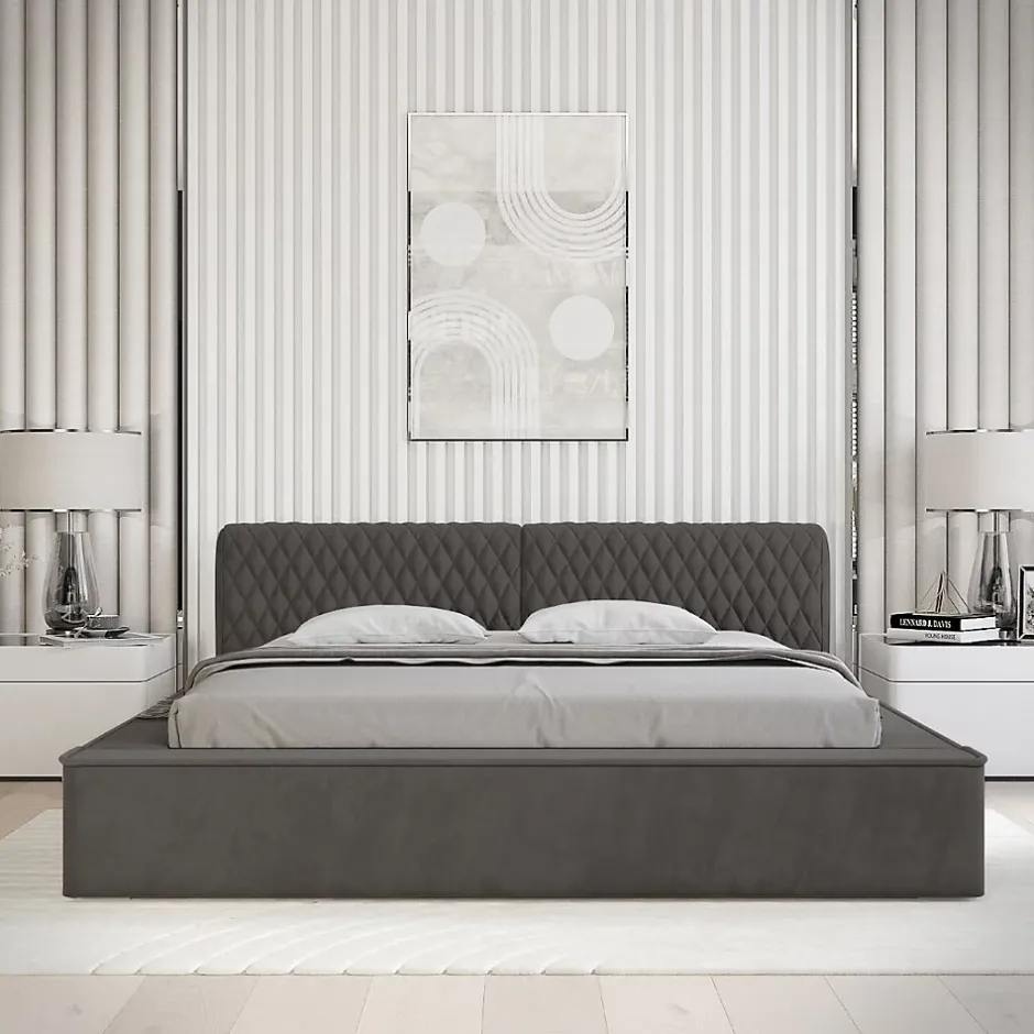 Meublorama Lit coffre VERNON Tissu chenille bouclé Anthracite profond 140x200 cm Sommier relevable Design haut de gamme Hot