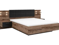 Pegane Lit coffre 160x200 + 2 tables de chevet éclairage LED avec sommier et rangement coloris Chêne marron foncé/Chêne noir