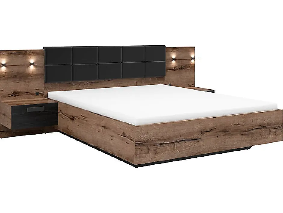 Pegane Lit coffre 160x200 + 2 tables de chevet éclairage LED avec sommier et rangement coloris Chêne marron foncé/Chêne noir