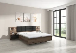 Pegane Lit coffre 160x200 + 2 tables de chevet éclairage LED avec sommier et rangement coloris Chêne marron foncé/Chêne noir