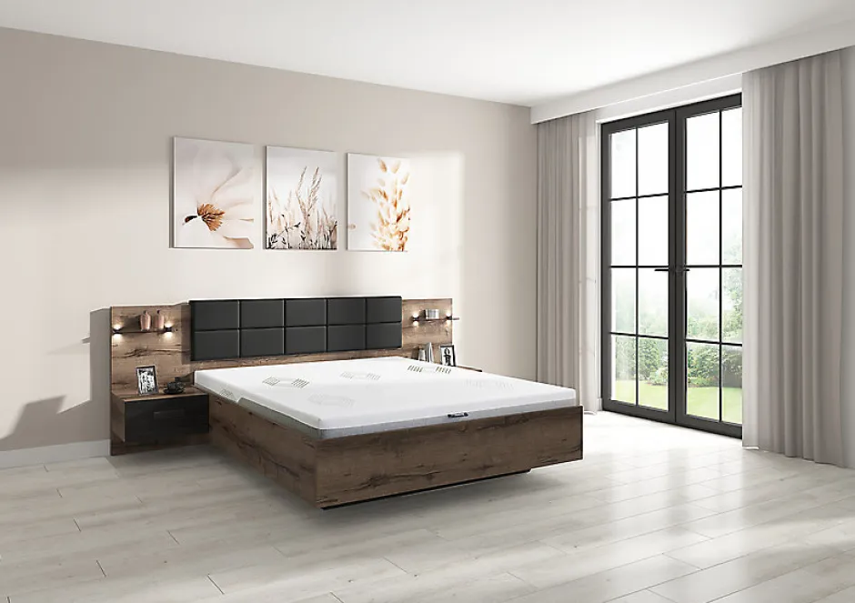 Pegane Lit coffre 160x200 + 2 tables de chevet éclairage LED avec sommier et rangement coloris Chêne marron foncé/Chêne noir