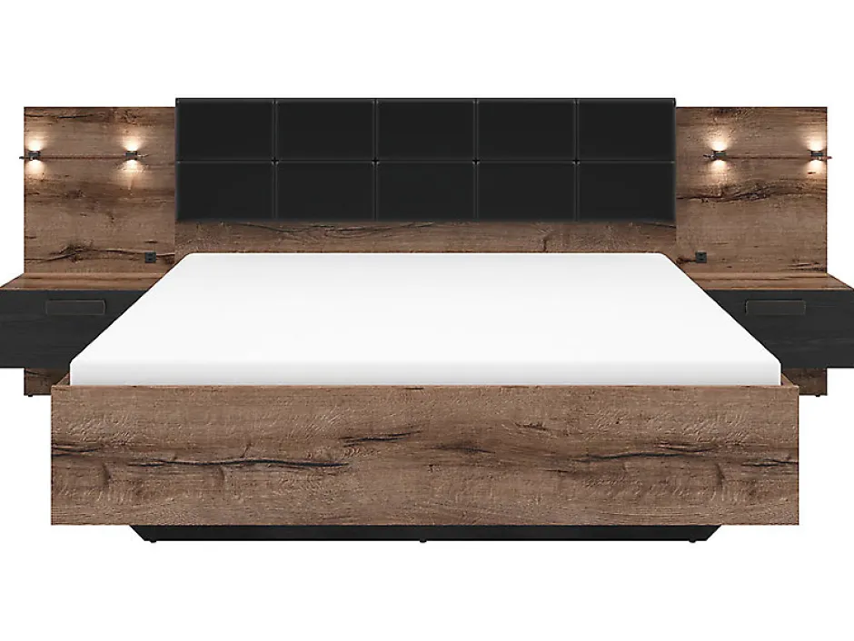 Pegane Lit coffre 160x200 + 2 tables de chevet éclairage LED avec sommier et rangement coloris Chêne marron foncé/Chêne noir