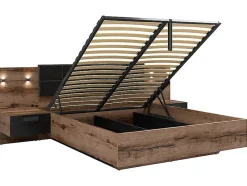 Pegane Lit coffre 160x200 + 2 tables de chevet éclairage LED avec sommier et rangement coloris Chêne marron foncé/Chêne noir