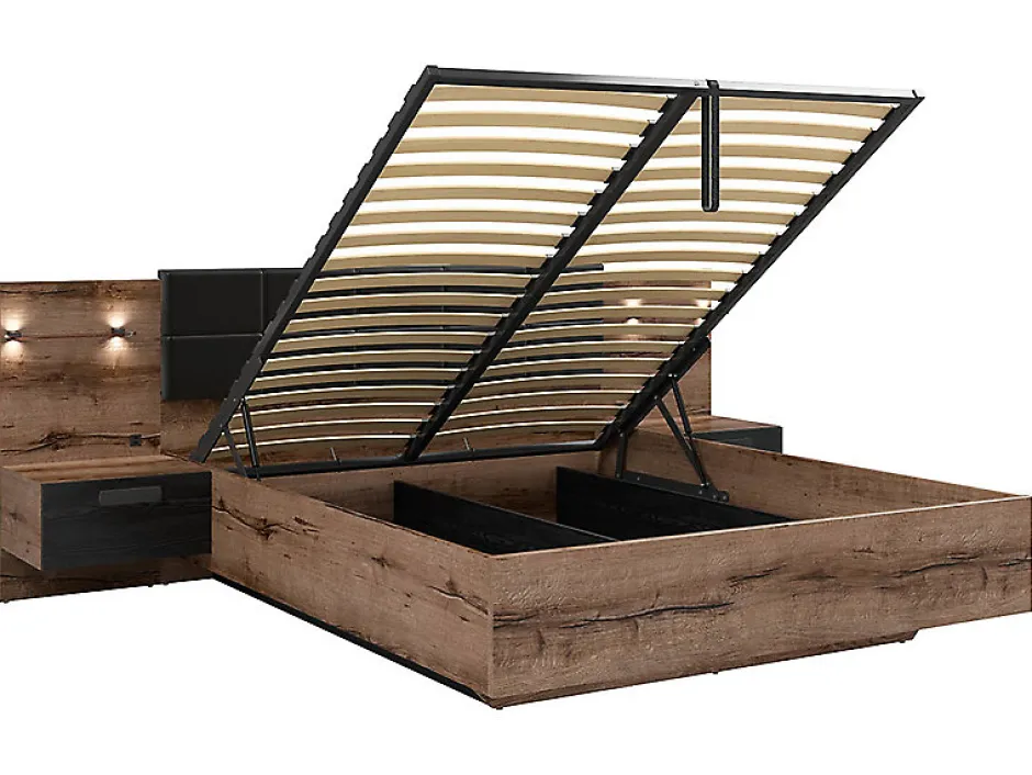 Pegane Lit coffre 160x200 + 2 tables de chevet éclairage LED avec sommier et rangement coloris Chêne marron foncé/Chêne noir