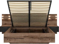 Pegane Lit coffre 160x200 + 2 tables de chevet éclairage LED avec sommier et rangement coloris Chêne marron foncé/Chêne noir