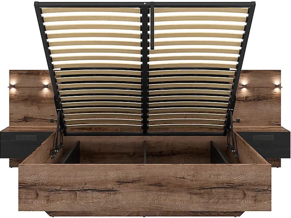 Pegane Lit coffre 160x200 + 2 tables de chevet éclairage LED avec sommier et rangement coloris Chêne marron foncé/Chêne noir