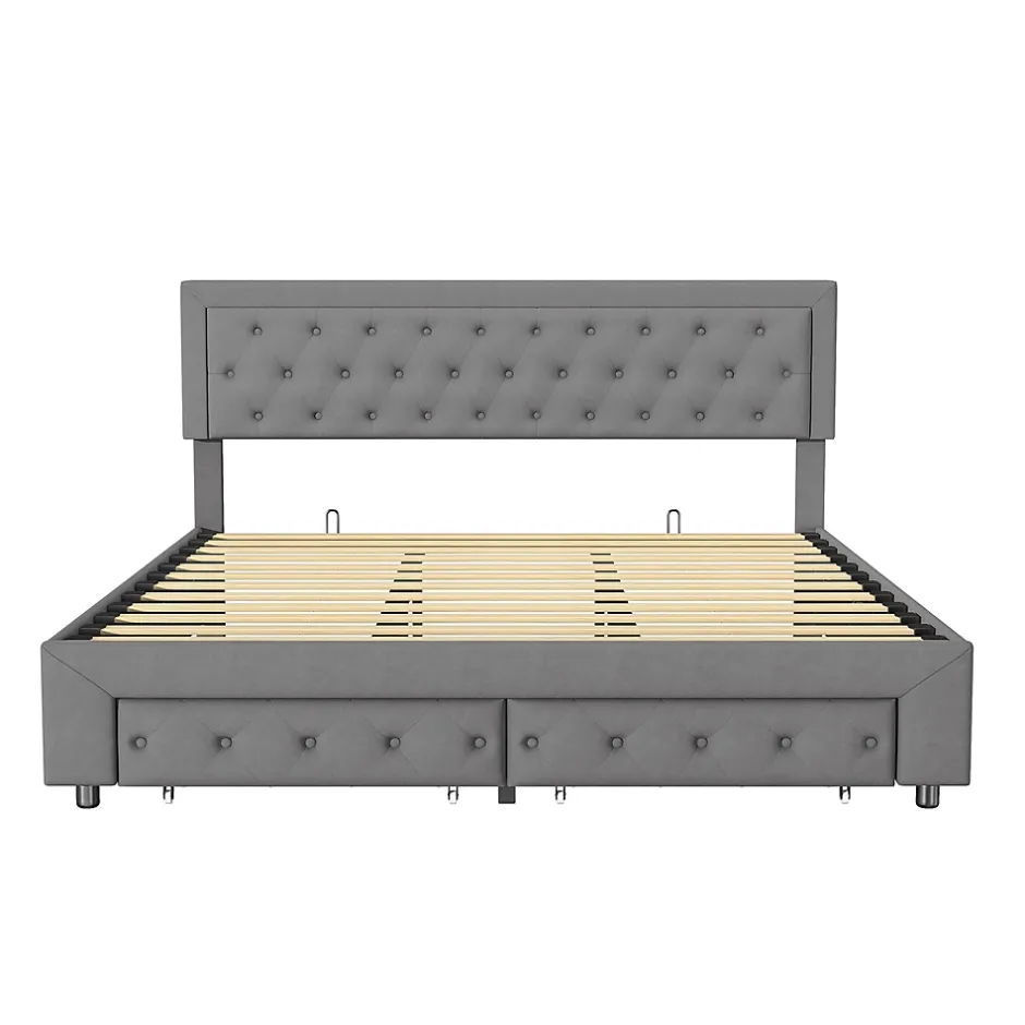 Generique Lit coffre 180x200 avec 2 tiroirs, Lit rembourré avec sommier à lattes, tissu en velours et décoration de boutons, gris