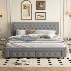 Generique Lit coffre 180x200 avec 2 tiroirs, Lit rembourré avec sommier à lattes, tissu en velours et décoration de boutons, gris