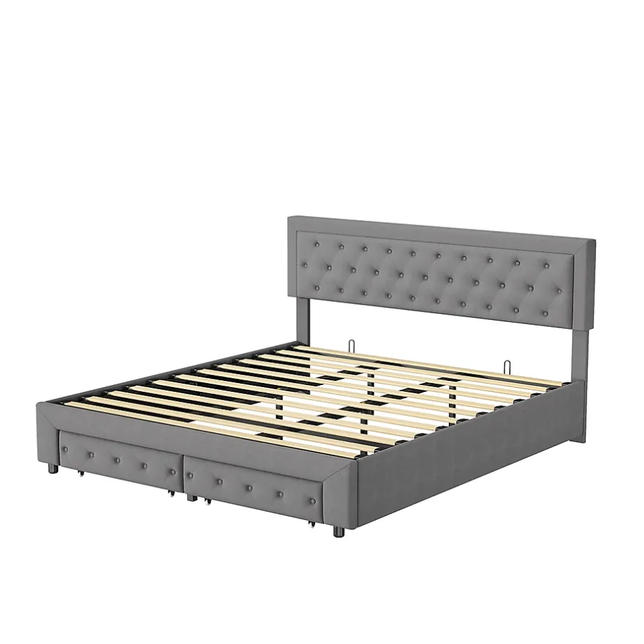 Generique Lit coffre 180x200 avec 2 tiroirs, Lit rembourré avec sommier à lattes, tissu en velours et décoration de boutons, gris