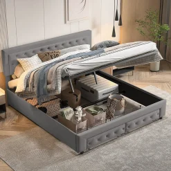 Generique Lit coffre 180x200 avec 2 tiroirs, Lit rembourré avec sommier à lattes, tissu en velours et décoration de boutons, gris