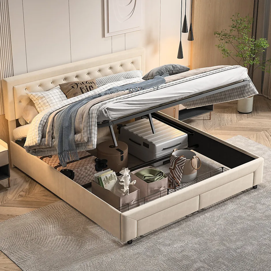 ProximaX Lit coffre 160x200 avec 2 tiroirs, Lit rembourré avec sommier à lattes, tissu en velours et décoration de boutons, beige Online