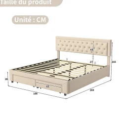 ProximaX Lit coffre 160x200 avec 2 tiroirs, Lit rembourré avec sommier à lattes, tissu en velours et décoration de boutons, beige Online
