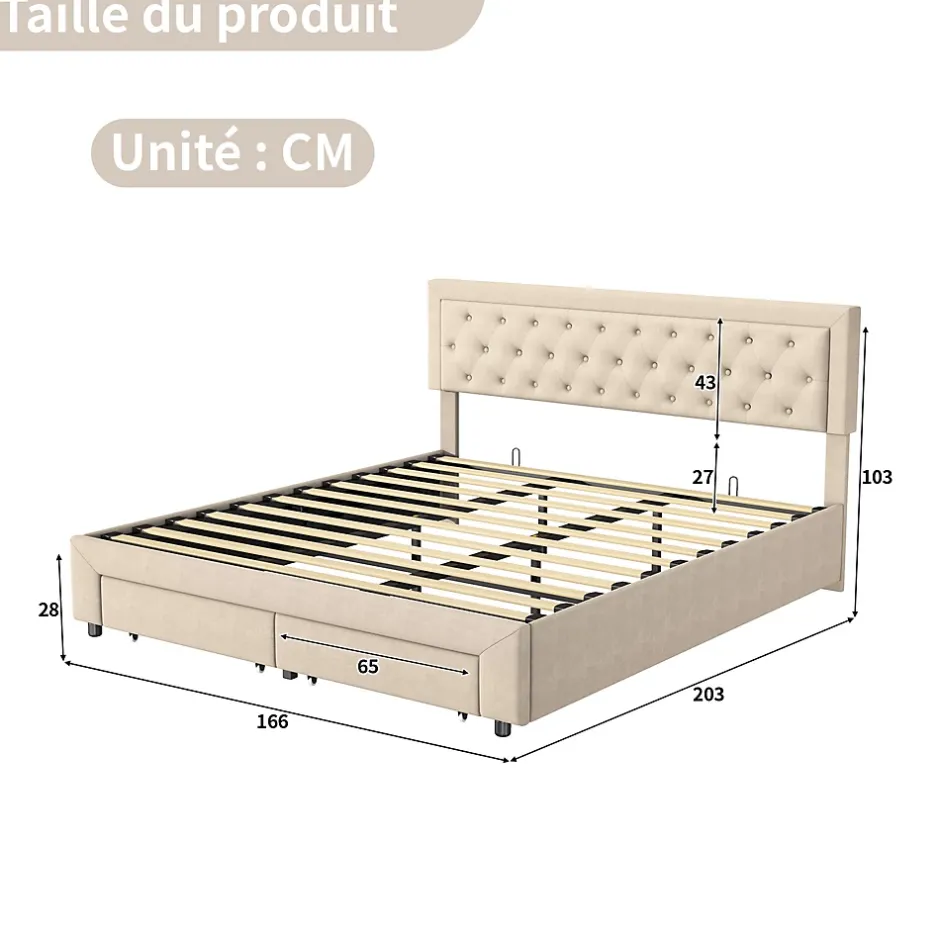 ProximaX Lit coffre 160x200 avec 2 tiroirs, Lit rembourré avec sommier à lattes, tissu en velours et décoration de boutons, beige Online